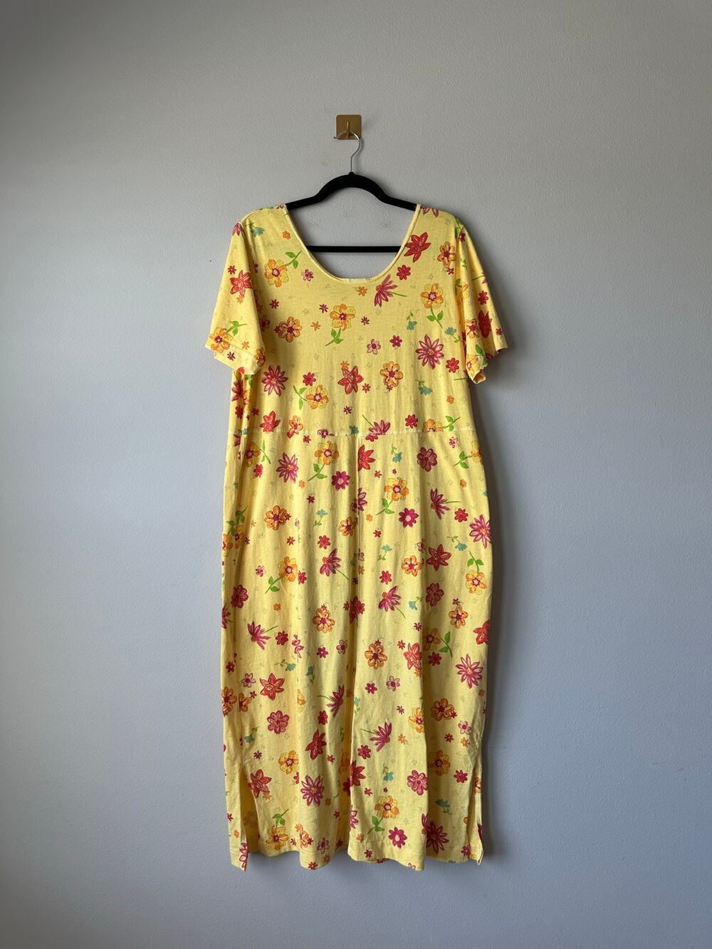 Vintage Fresh Produce Yellow Floral Midi Shirt Dress Pockets L Cottagecore Boho